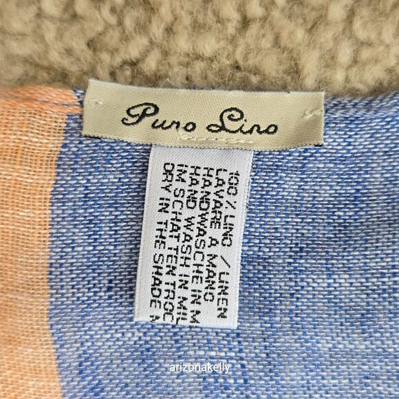 Puro Lino Linen Scarf Blue and Peach Stripe - Picture 3 of 8